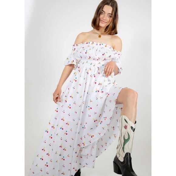 All things mochi nana off the shoulder embroidered linen maxi dress size small S - Picture 7 of 12